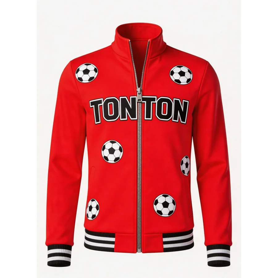 TONTON-Rot-Fußballjacke mit grafischem Fußball-Print – atmungsaktive, verstärkte Performance-Ausrüstung aus Mesh