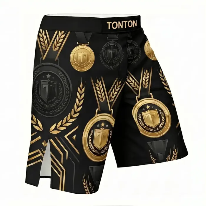 tonton black custom MMA shorts right view with gold royal pattern fightwear
