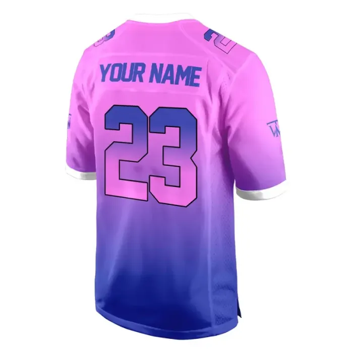 Back view of tonton custom pink and purple fan jersey featuring "YOUR NAME" and athletic number 23.