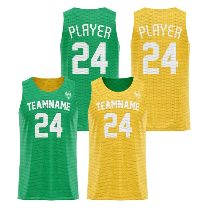 Front view and back view of tonton reversible basketball jersey in green and yellow, featuring a classic micro-mesh texture with a comfortable round neck.