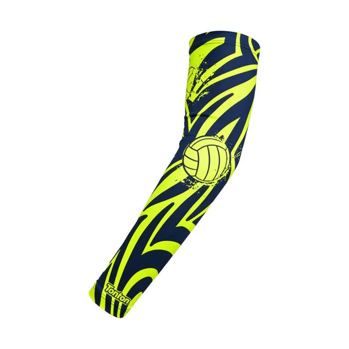 tonton professional volleyball compression sleeve in lime green and navy blue with a dynamic tiger stripe pattern and volleyball icon.