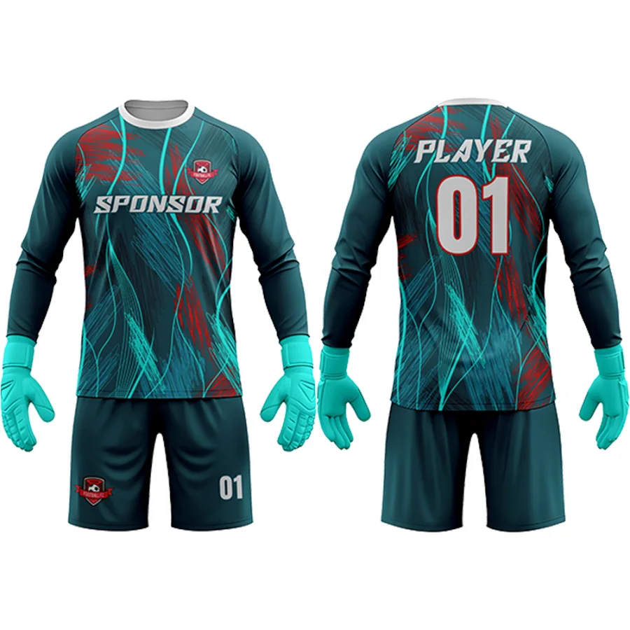 TONTON-Teal- und Rot-Graphic-Torwart-Set – individuell gestaltbares Logo, verstärkte Nackenbündchen