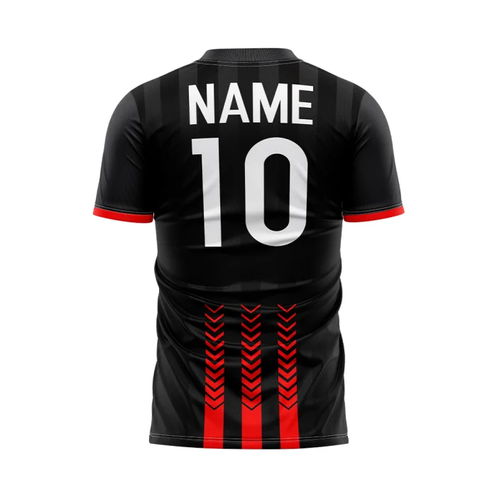 Back view of tonton custom black football practice jersey with bold red accents and number 10.