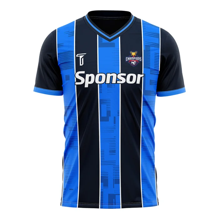 Front view of tonton professional black and blue soccer practice top with bold vertical stripes.