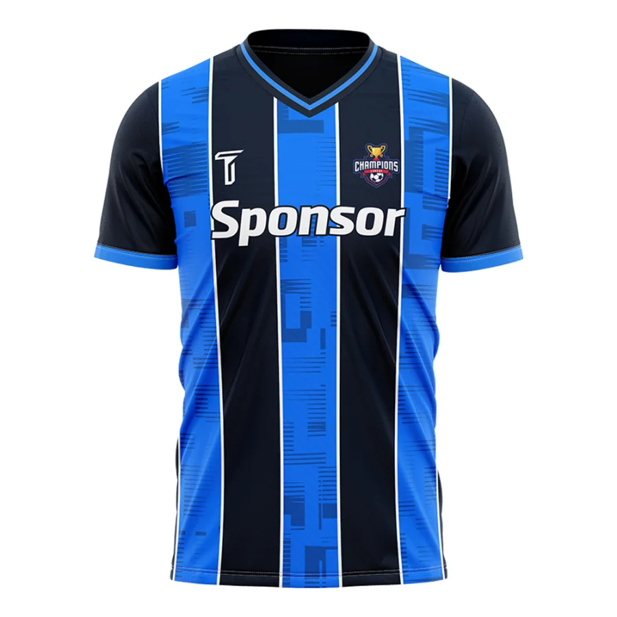 TONTON-Trainings-Trikot in Blau und Schwarz mit vertikalen Streifen – leichtes, vollsublimiertes Fußball-Trainingstrikot