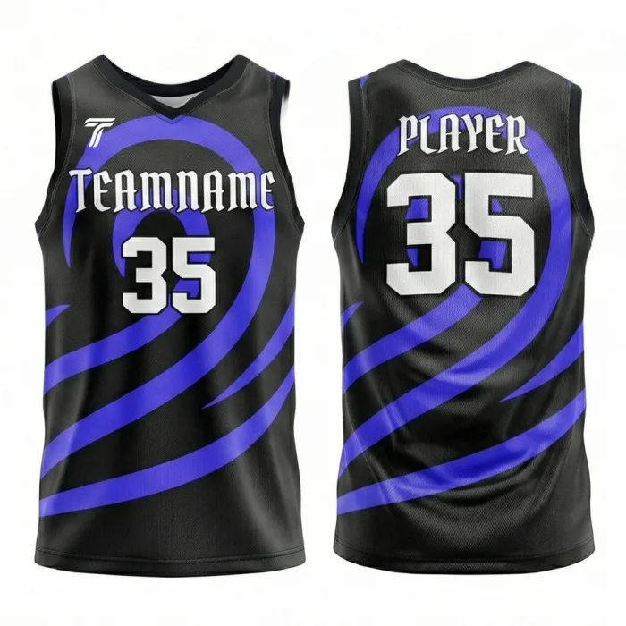 Front view and back view of tonton black basketball practice jersey featuring vibrant purple curved wave patterns and bold white numbering.