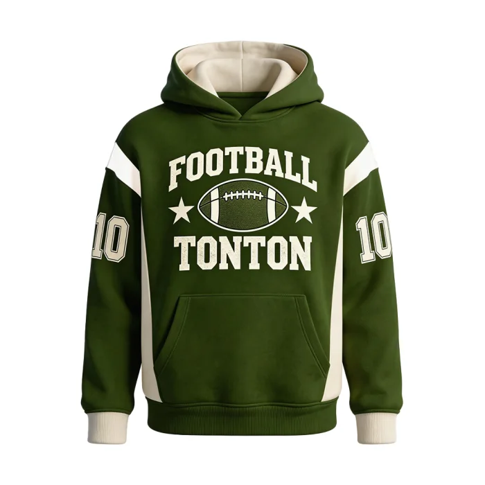 Front view of tonton custom forest green and cream American football hoodie with "FOOTBALL TONTON" graphic and stars.