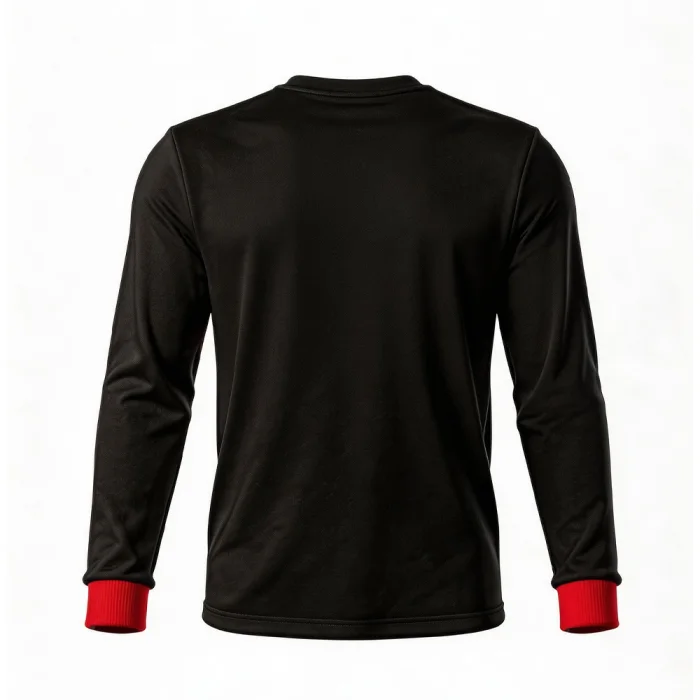 Back view of tonton custom black compression shirt with red sleeve accents and moisture-wicking technology.