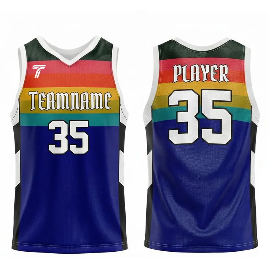 TONTON-Navy-Basketballtrainings-Trikot mit Regenbogenstreifen – vollständig sublimiertes, atmungsaktives Trainingsoutfit