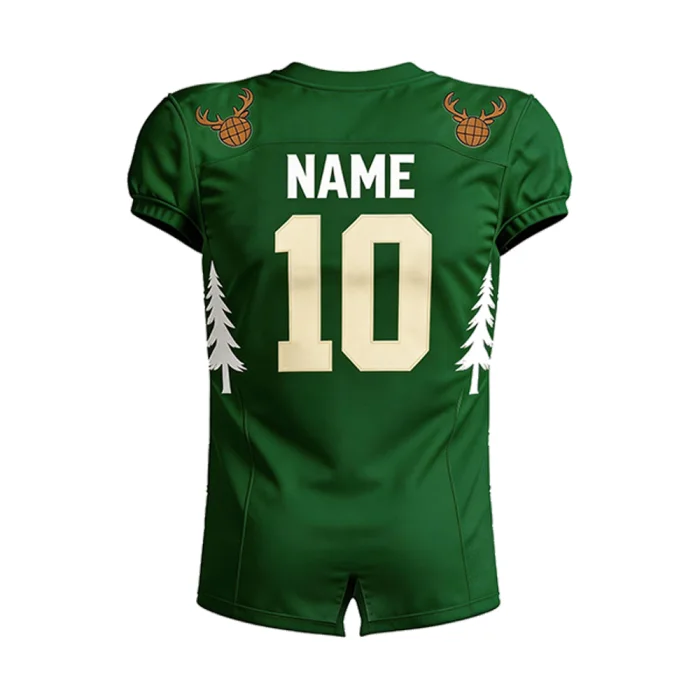 Back view of tonton green American football jersey with player name, number 10, and athletic fit.