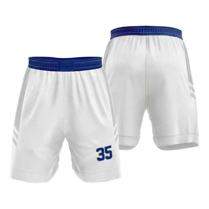 Front view and back view of tonton custom white basketball shorts with a royal blue elastic waistband and athletic number 35.