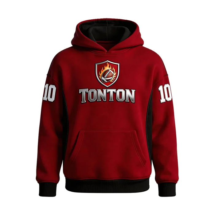 Front view of tonton custom maroon American football hoodie featuring a shield crest and silver metallic "TONTON" branding.