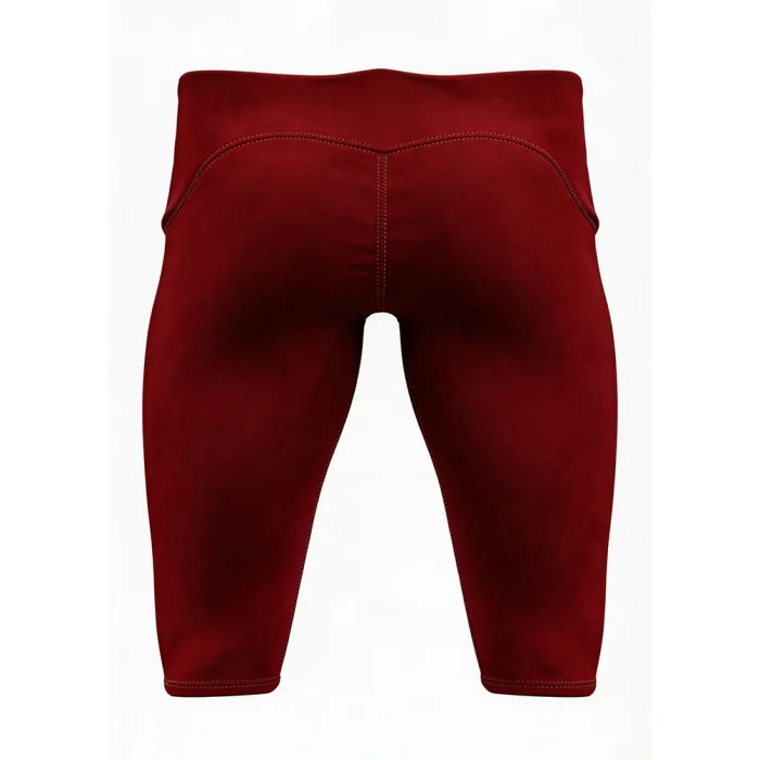 Back view of tonton custom maroon football integrated pants with a professional athletic silhouette.