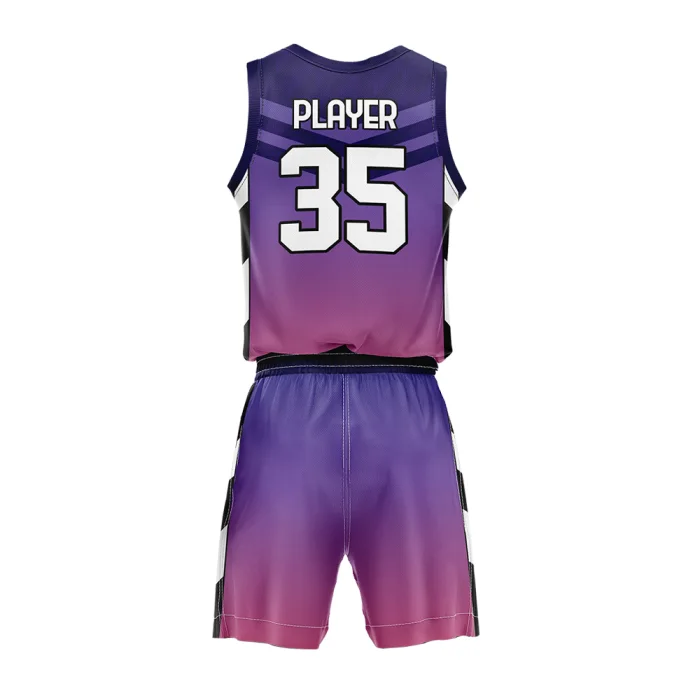 Back view of tonton custom purple gradient basketball kit featuring a clean athletic fit with player name and number 35.