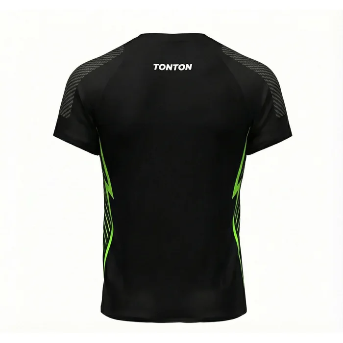 tonton black fightwear back view with neon green accents and brand logo
