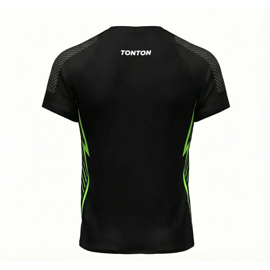 tonton black fightwear back view with neon green accents and brand logo
