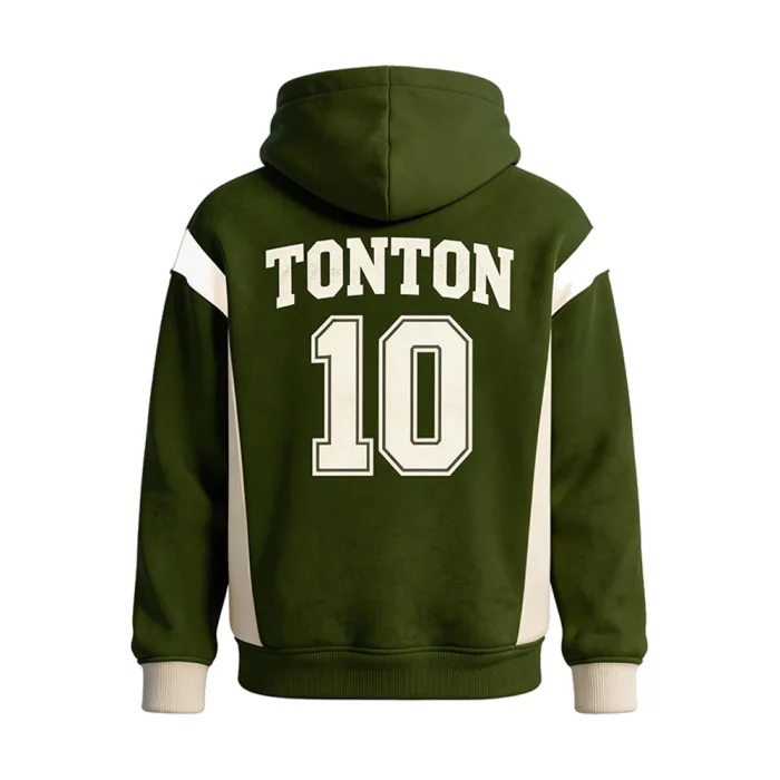 Back view of tonton green and cream football warm-up hoodie featuring "TONTON 10" in a varsity font.