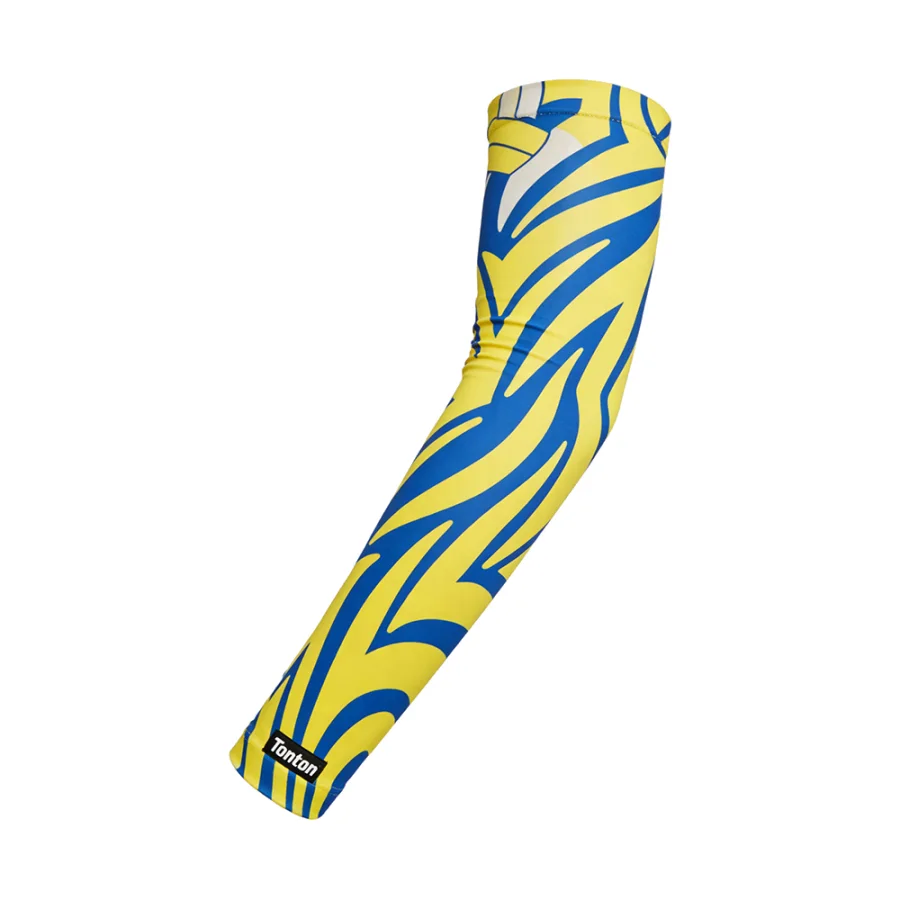 TONTON Gelb-blauer abstrakter Streifen-Compression-Armstulpen – individuell gestaltbare Logos, Leistungsorientierte Sportbekleidung