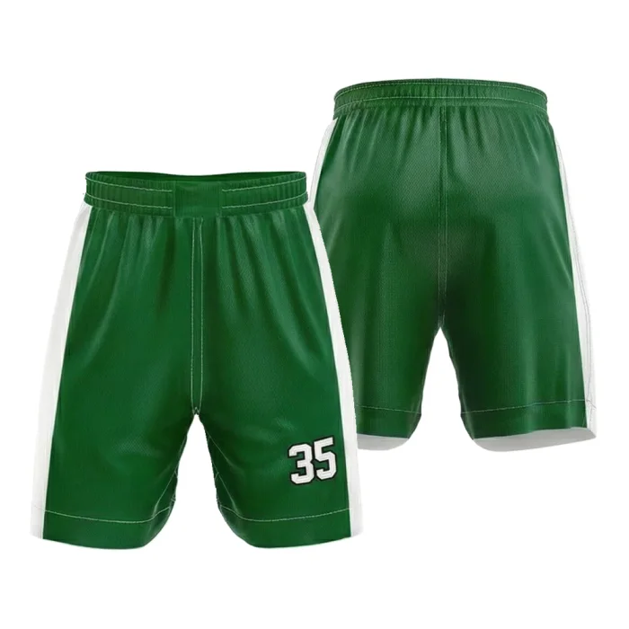 Front view and back view of tonton forest green basketball shorts with white side panels, contrast stitching, and bold white number 35.