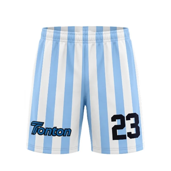Front view of tonton light blue and white vertical striped soccer shorts with player number 23.