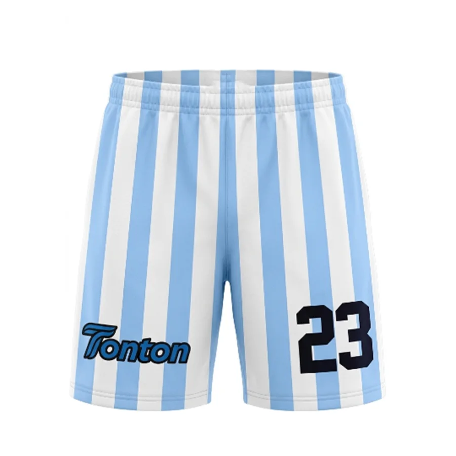 TONTON-Stadionshorts in Himmelblau mit vertikalen Streifen – individuell gestaltbare Shorts mit vollflächiger Sublimationsdruck-Technologie
