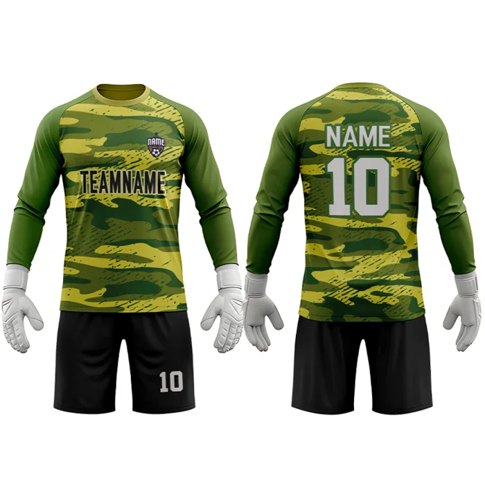 Front view of tonton lime green camouflage goalkeeper kit with team name and black shorts.