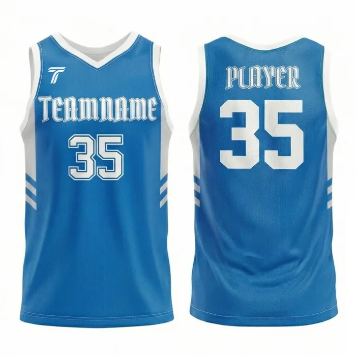 Front view and back view of tonton royal blue V-neck basketball practice jersey with white trim, side stripes, and clean athletic numbering.