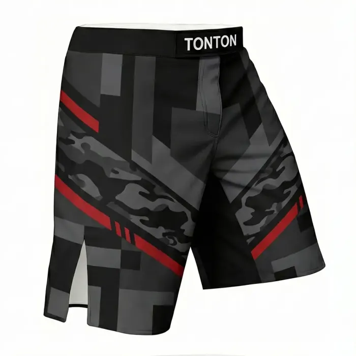 tonton dark camo custom MMA shorts right view with red geometric lines fightwear