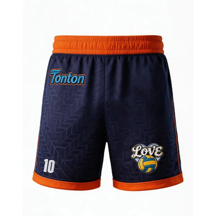 tonton professional navy blue volleyball shorts with orange trim and waistband, featuring a repeating geometric texture.