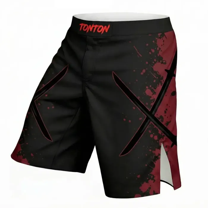 tonton black custom MMA shorts left view with red blood splatter and crossed swords