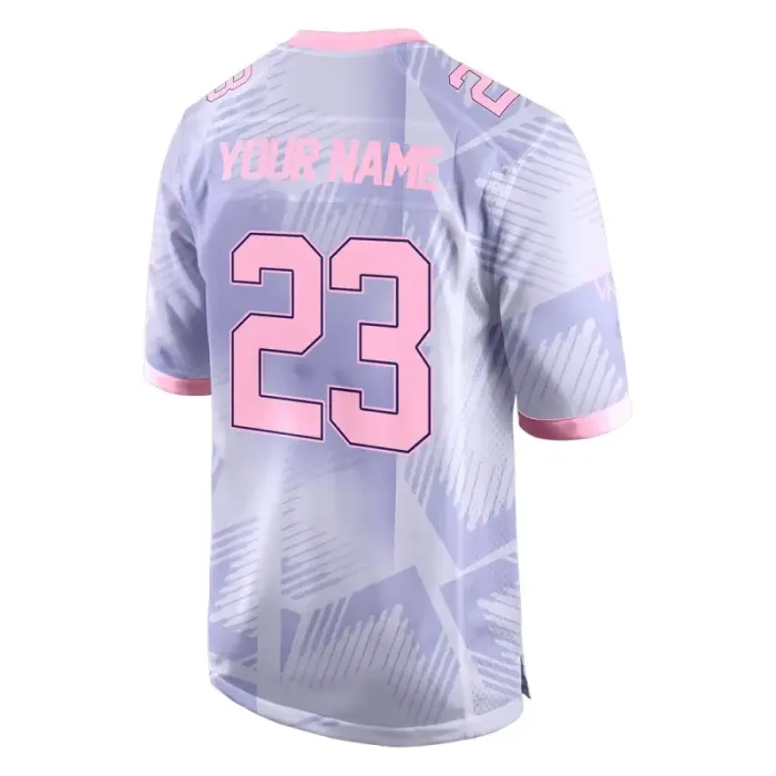 Back view of tonton custom lavender and pink football fan jersey with "YOUR NAME" and athletic number 23.