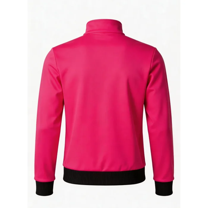 Back view of tonton pink professional team jacket with stand-up collar and ribbed hem.