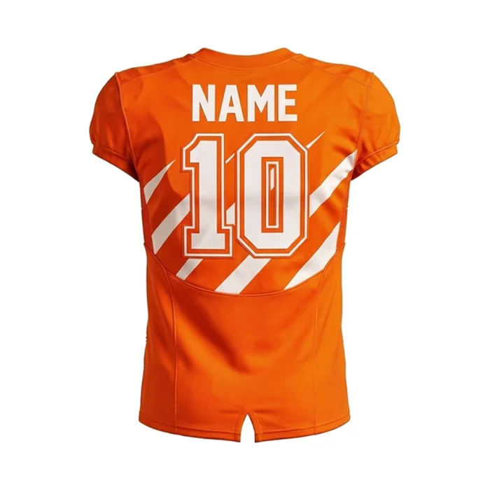 Back view of tonton custom orange American football jersey with white graphics, name, and number 10.