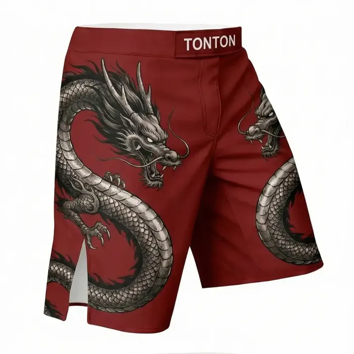 tonton dark red custom MMA shorts right view with dragon tail graphic fightwear