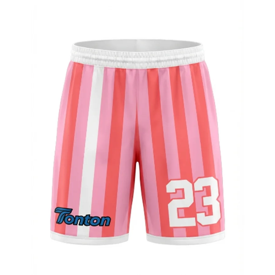 TONTON-Pink- und Weiß-gestreifte Fußballshorts mit Multistreifen-Design – atmungsaktive Mesh-Shorts mit vollflächigem Sublimationsdruck