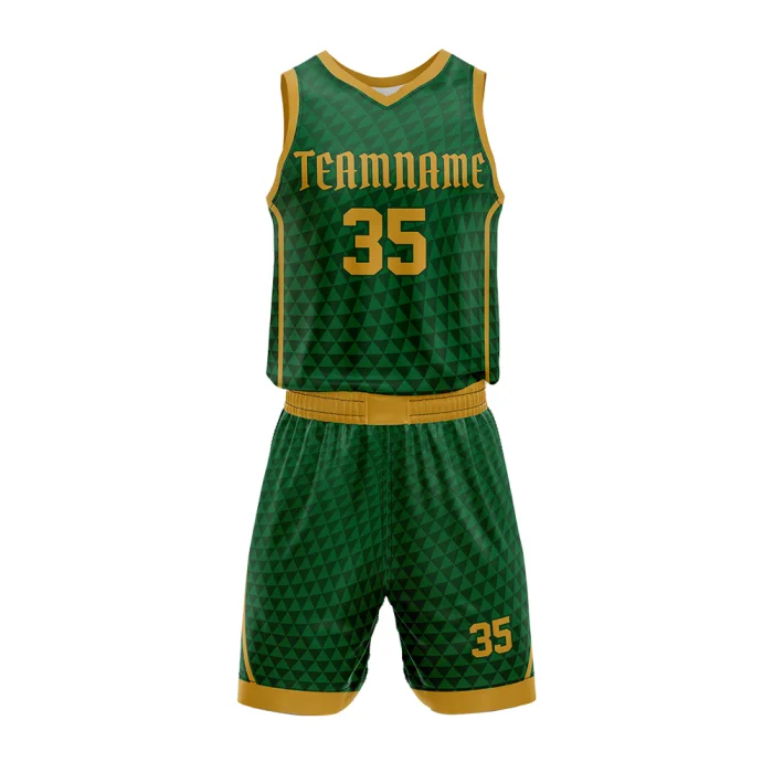 Front view of tonton forest green basketball uniform featuring a sophisticated triangle mesh texture and gold numbering.