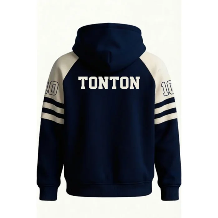Back view of tonton navy customized team hoodie with a clean white tonton brand logo and classic athletic fit.