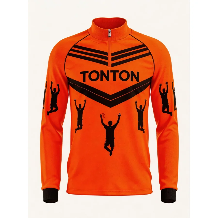 TONTON-Orange-Schwarz-Fußball-Quarter-Zip – Vollständiges Sublimationsdruck-Motiv auf dem Rücken