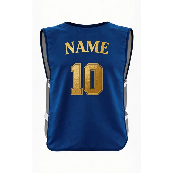 Back view of tonton royal blue training gear featuring gold customizable name and number 10.