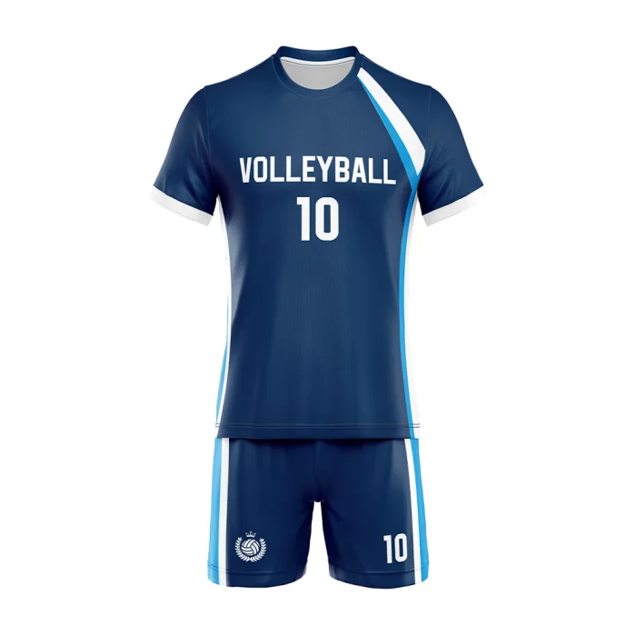 Front view of tonton custom navy blue volleyball match kit with white number 10 and side panels.