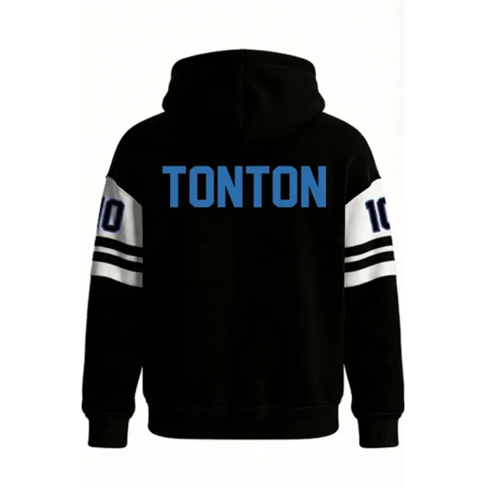 Back view of tonton black sports hoodie with bold light blue tonton brand logo and stripe details on sleeves.