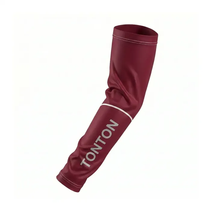 tonton custom basketball arm sleeve in deep maroon with a bold white brand logo and athletic compression fit.