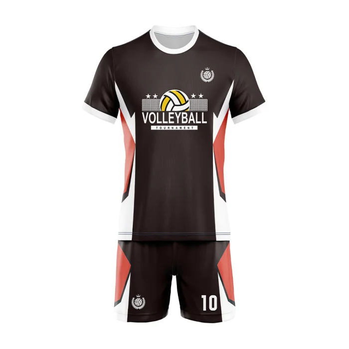 Front of tonton custom black volleyball kit with white and orange block patterns and team crest.