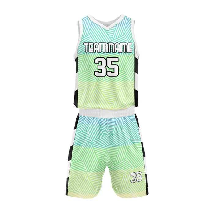 Front view of tonton basketball game uniform featuring a mint green and white geometric wave pattern and number 35.