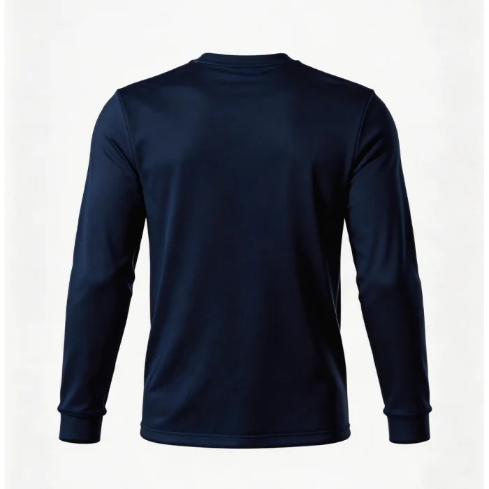 Back view of tonton professional navy blue athletic compression top with reinforced stitching and clean design.