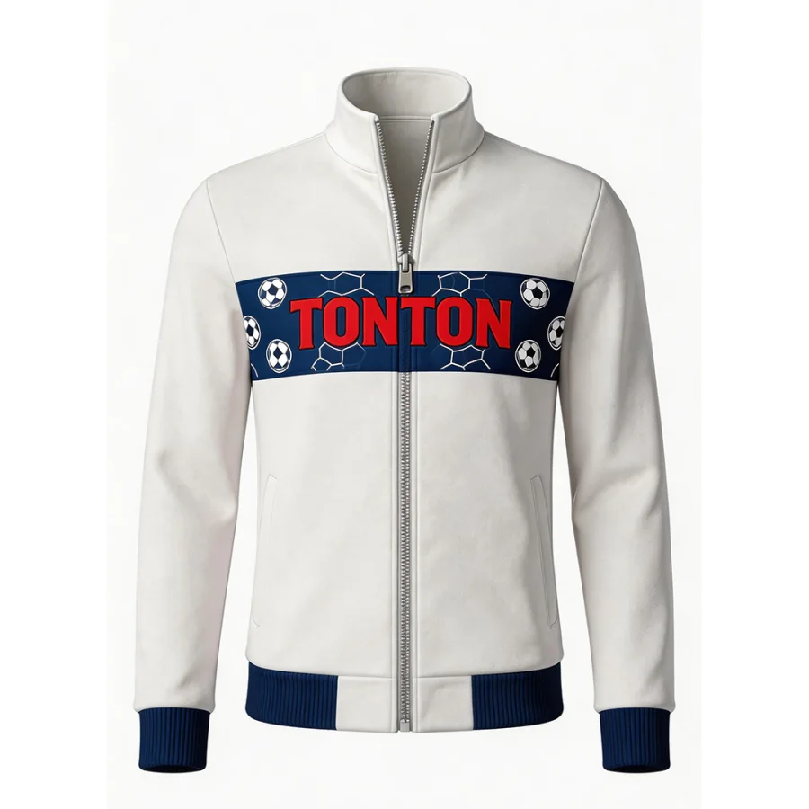 TONTON-Trainingsjacke in Weiß mit blauem Bruststreifen – atmungsaktive Mesh-Jacke mit durchgehendem Reißverschluss