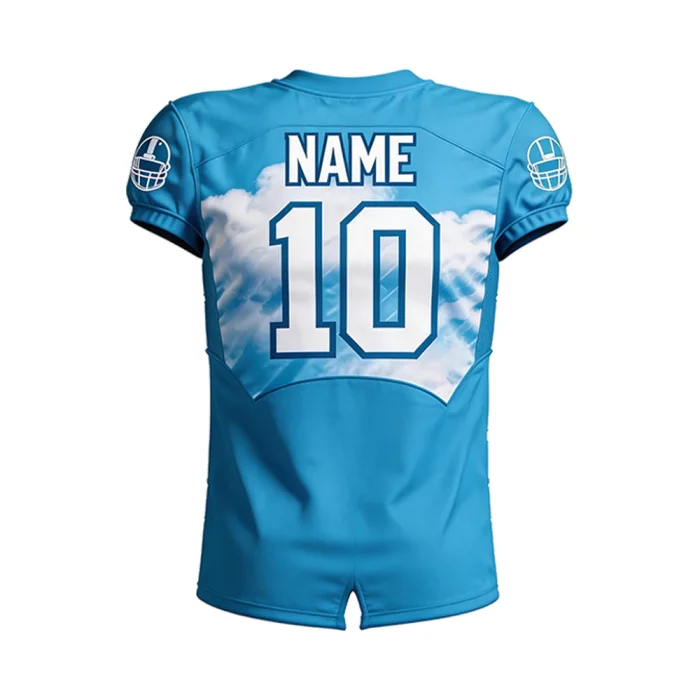 Back view of tonton blue football jersey with cloud graphics, player name, and number 10.