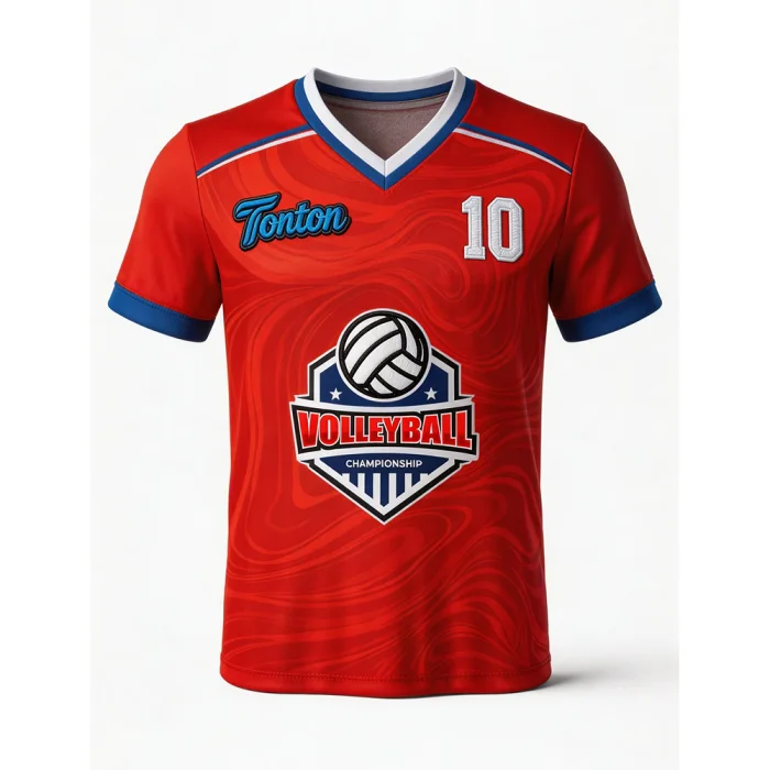 tonton custom red volleyball practice top with blue trim and professional team logo graphic.