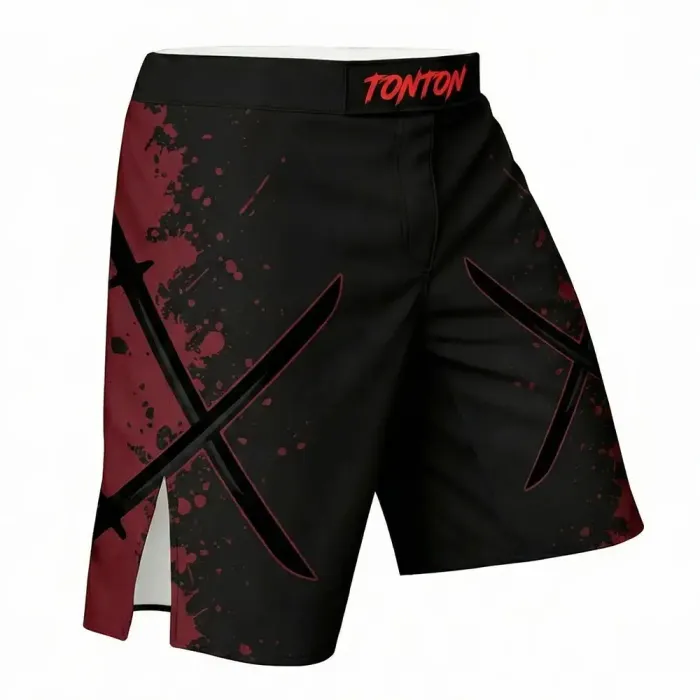 tonton black custom MMA shorts right view with red splatter graphic fightwear