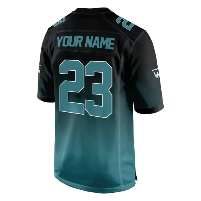 Back view of tonton custom black and teal gradient fan wear featuring "YOUR NAME" and number 23.
